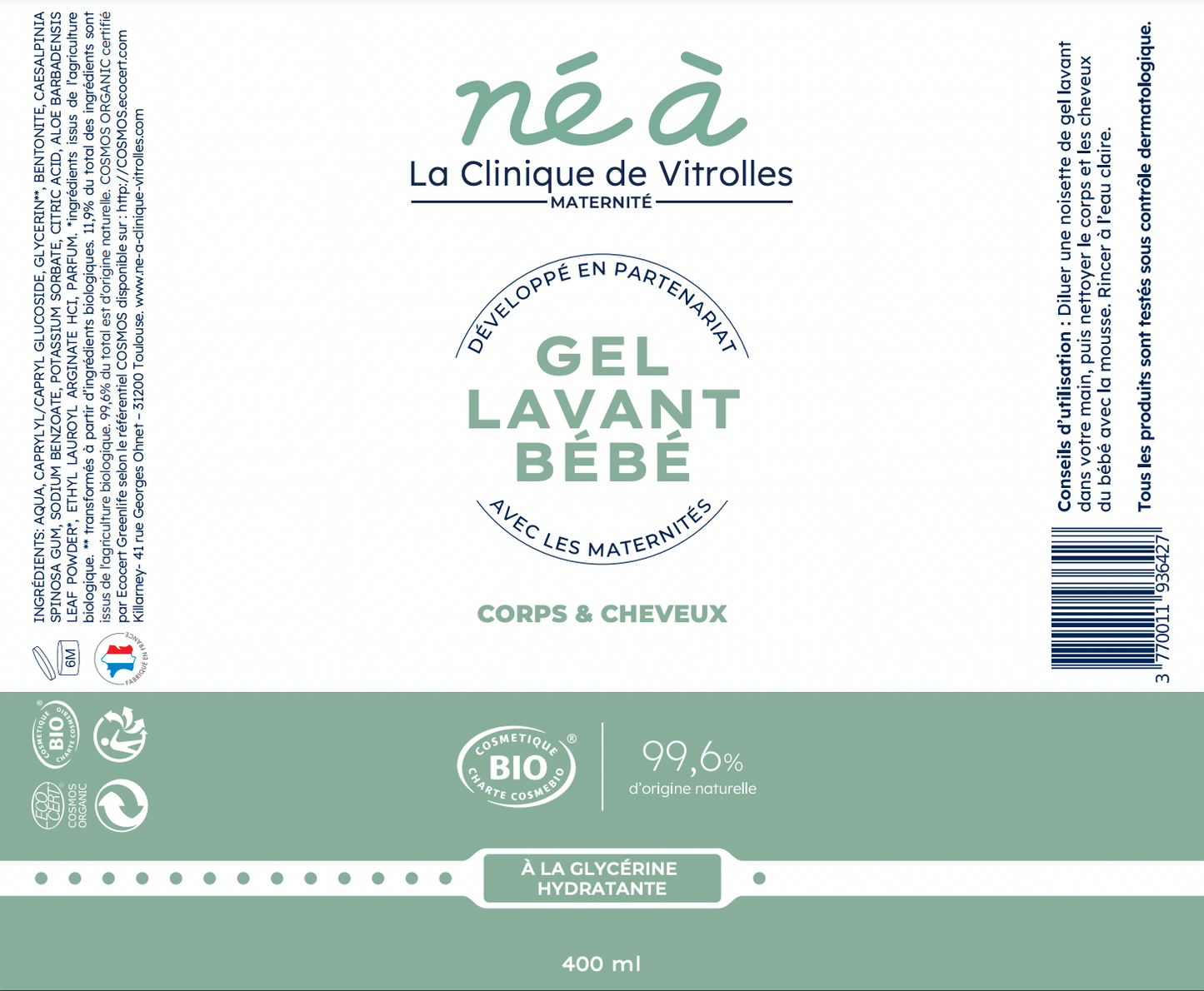 Gel lavant bébé Né à la Clinique de Vitrolles - corps et cheveux - 400 ml