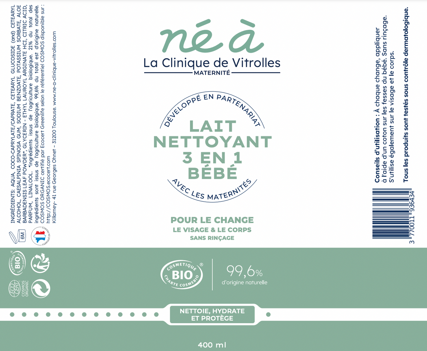 Lait nettoyant 3 en 1 bébé Né à La Clinique de Vitrolles - change, visage & corps - 400 ml