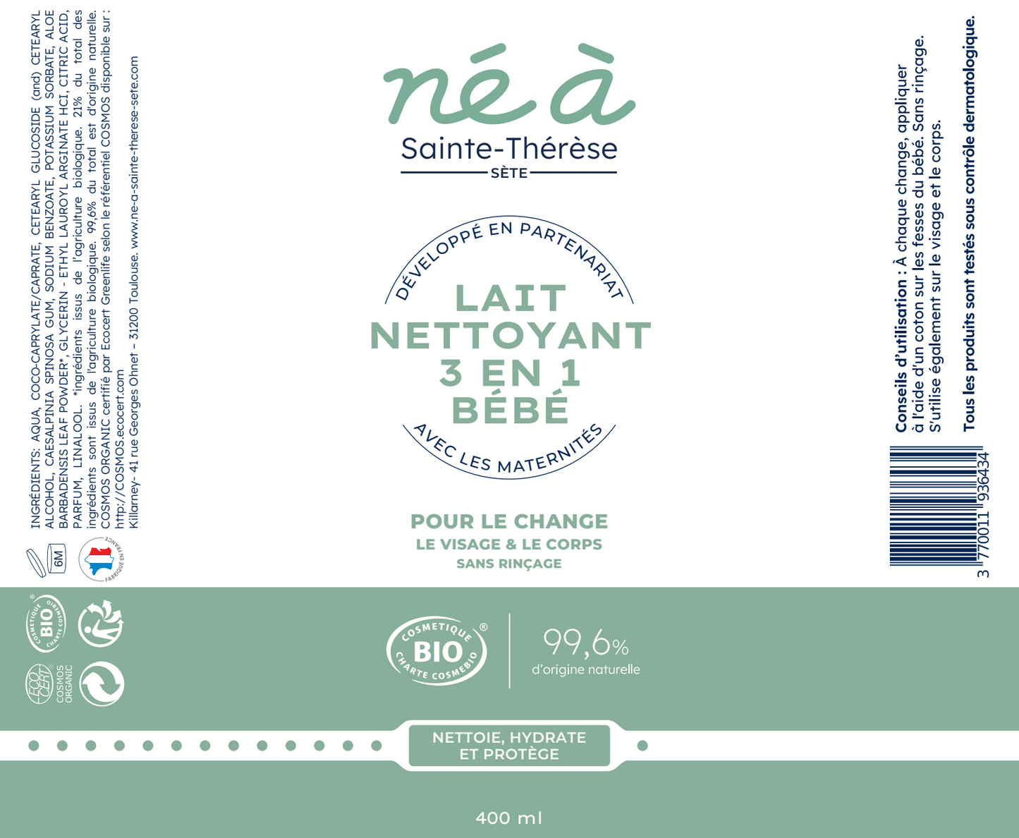 Lait nettoyant 3 en 1 bébé Né à Sainte-Thérèse - change, visage & corps - 400 ml