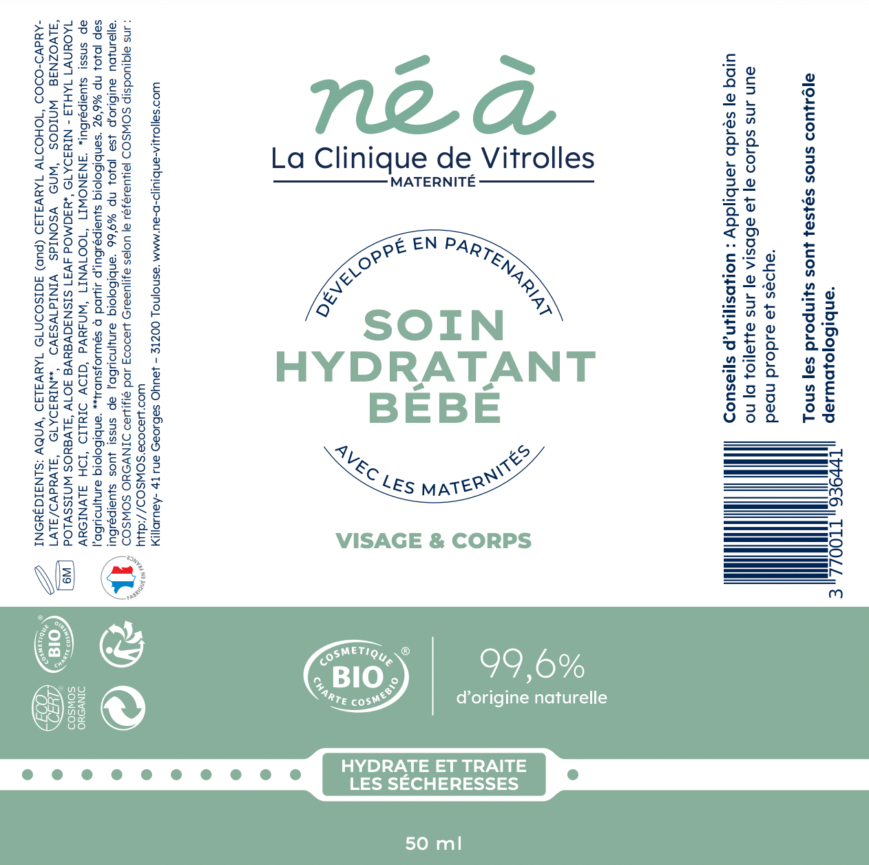 Soin hydratant bébé Né à la Clinique Vitrolles - visage et corps - 50 ml