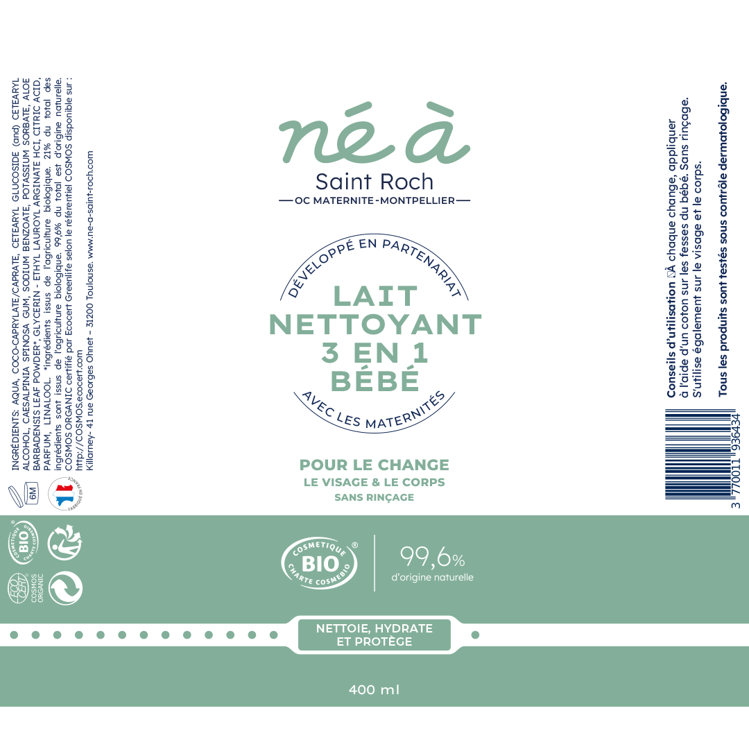 Lait nettoyant 3 en 1 bébé Né à Saint-Roch - change, visage & corps - 400 ml