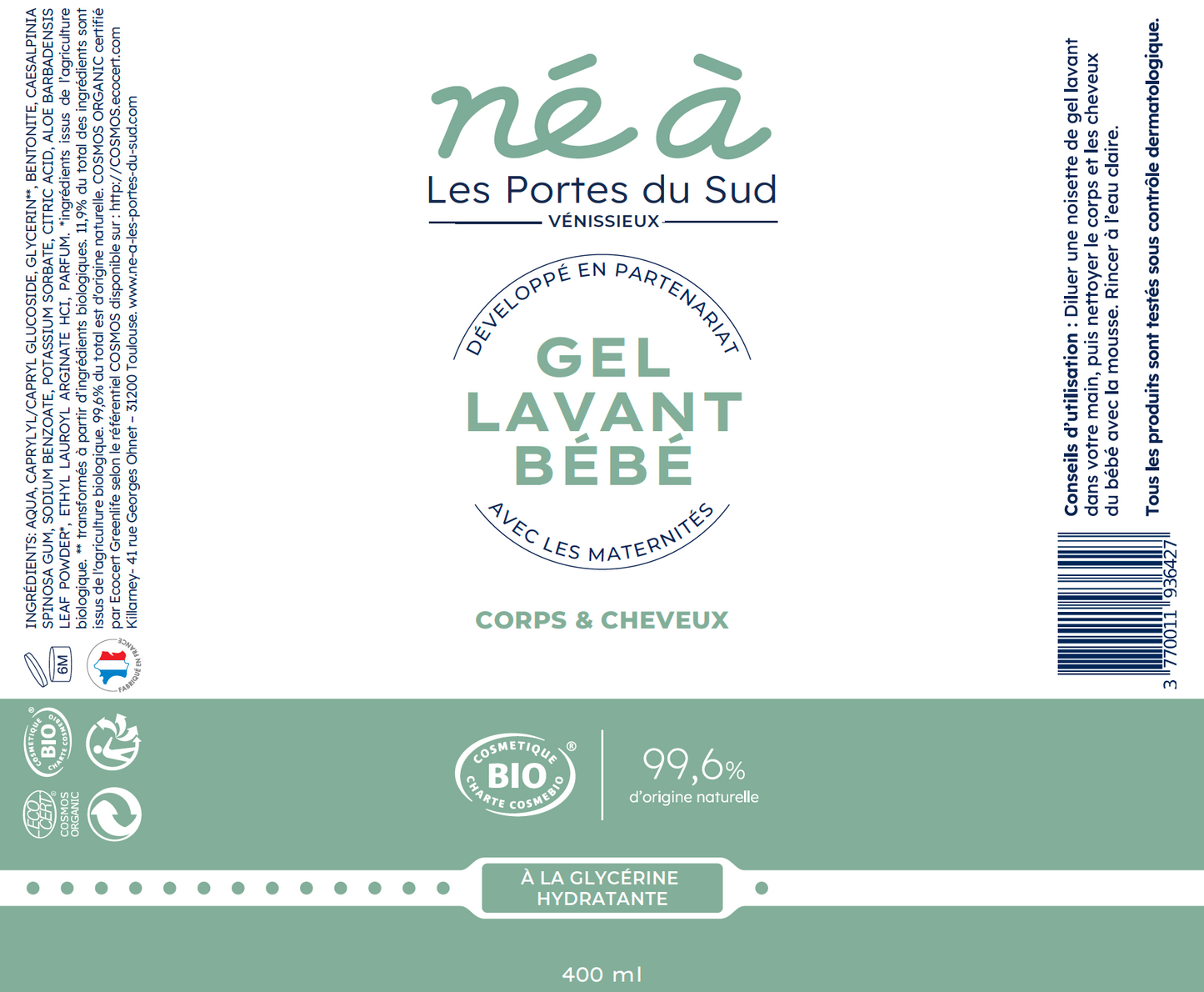 Gel lavant bébé Né à Les Portes du Sud - corps et cheveux - 400 ml