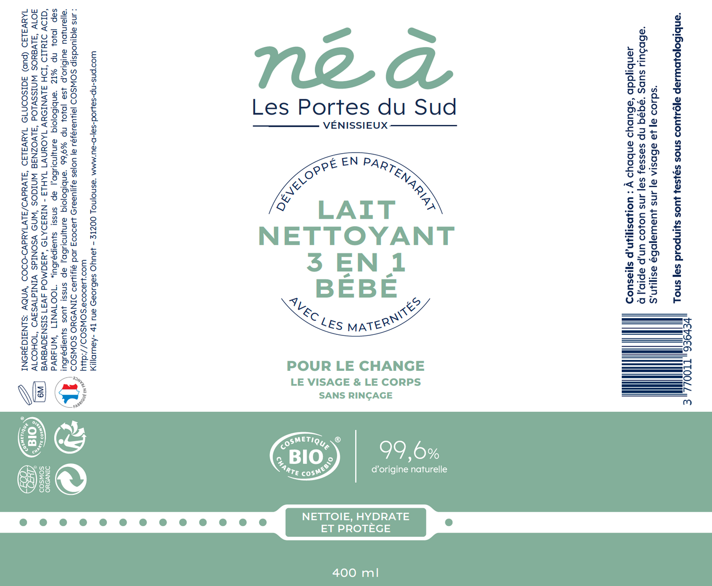 Lait nettoyant 3 en 1 bébé Né à les Portes du Sud - change, visage & corps - 400 ml