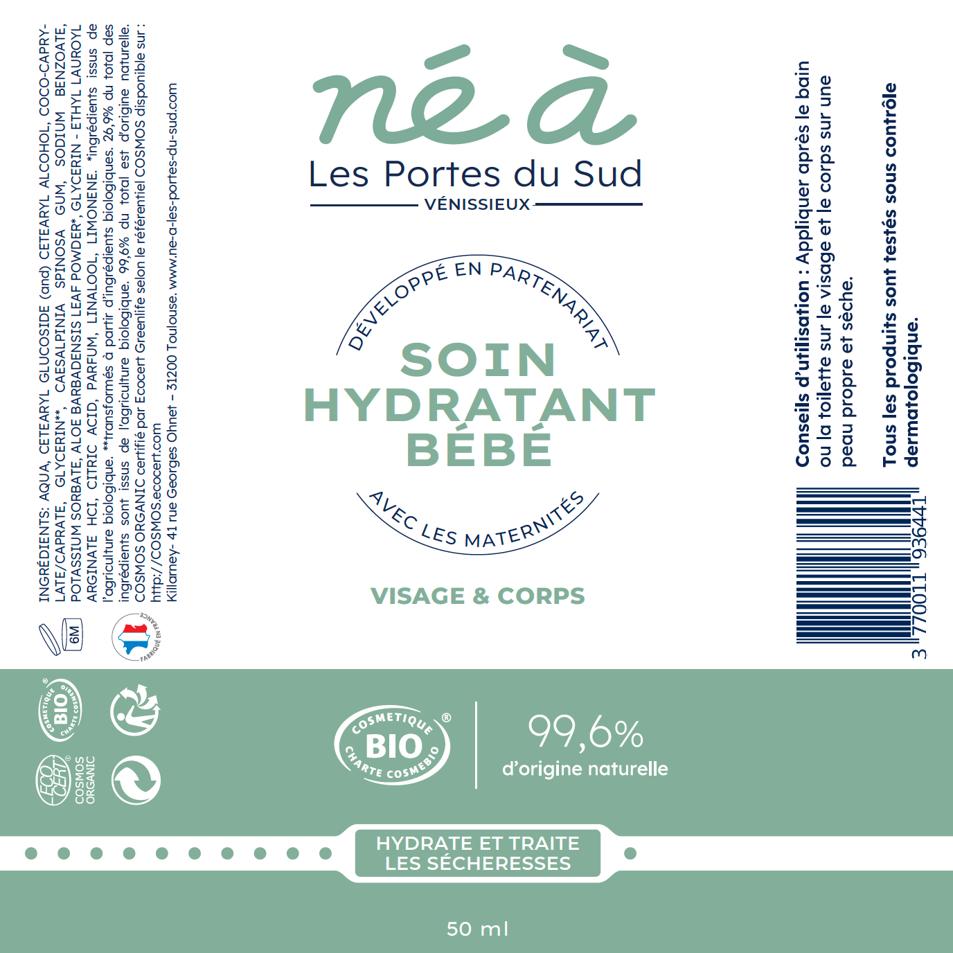 Soin hydratant bébé Né à Les Portes du Sud - visage et corps - 50 ml